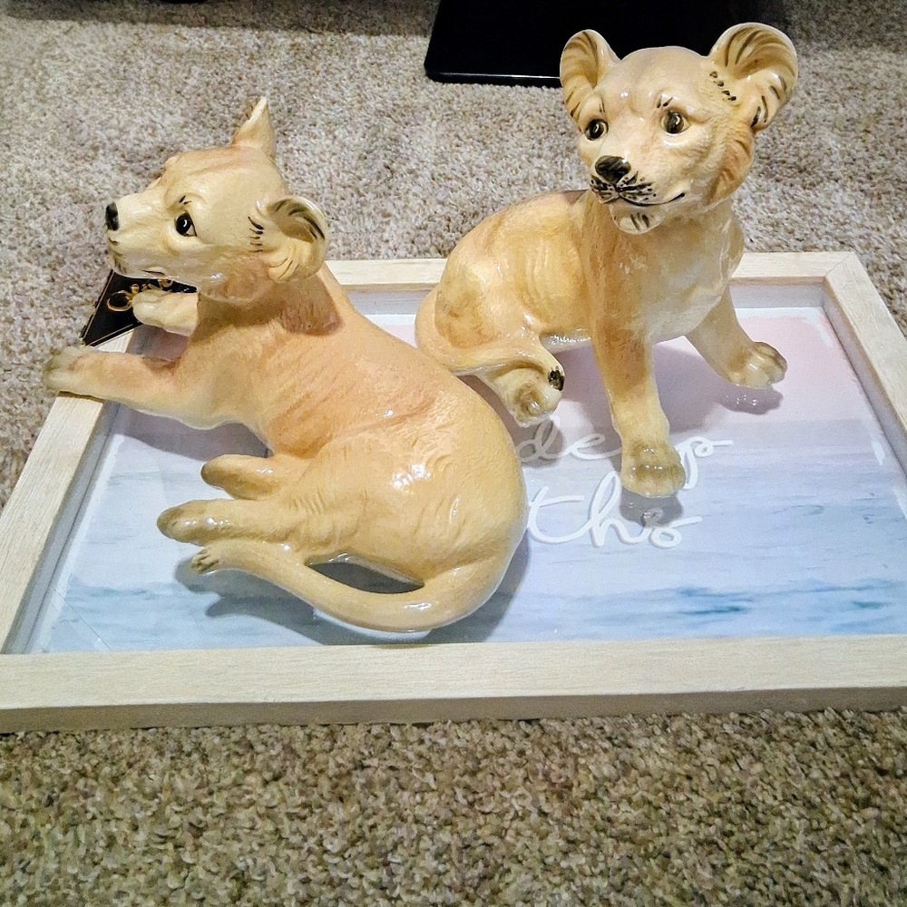 [See AI VIDEO 🦁] Mid-20th century: Ceramic Lion Cub Figurine BUNDLE - Tan